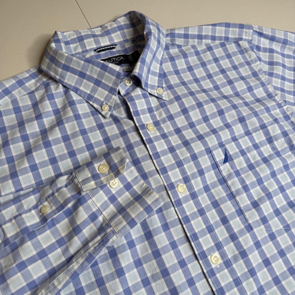 Nautica Mens Large Slim Fit Blue White Plaid Button Down Shirt Wrinkle Resistant
